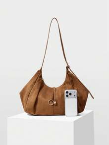 MOTF WOMEN'S FASHION BROWN SHOULDER BAG, RING HARDWARE DECORATION, SOFT SUEDE LARGE CAPACITY TOTE BAG, FOR DAILY SHOPPING COMMUTE - Brown - View 5