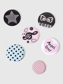 ROMWE Anime Six-Piece Y2k Retro Black And Pink Polka Dot Star Wing Pattern Badge Metal Brooch Combination, Backpack Clothing Hat Decoration, Suitable For Daily Ma - Black and pink - View 1