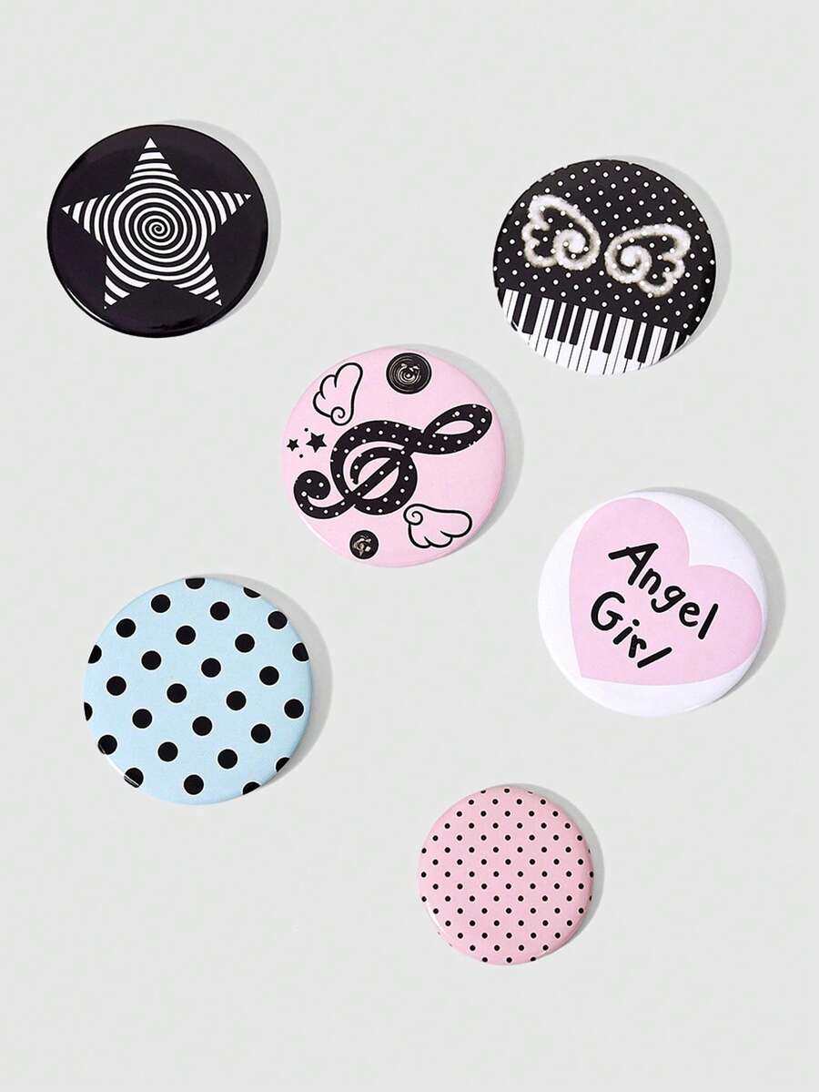 ROMWE Anime Six-Piece Y2k Retro Black And Pink Polka Dot Star Wing Pattern Badge Metal Brooch Combination, Backpack Clothing Hat Decoration, Suitable For Daily Ma - Black and pink - View 1