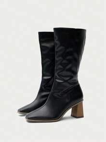 Nöista Retro Square Toe Thick Heel Boots Elegant Commuting Wood Grain Thick Heel High Boots Autumn And Winter Thin Versatile Square Toe Medium Heel Fall Boots - Black - View 6