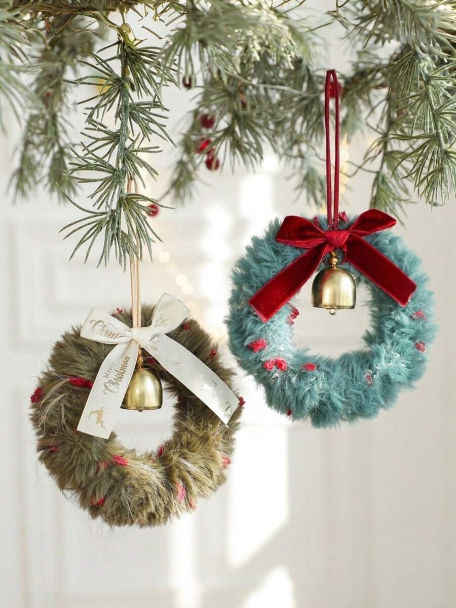 Cirelle 1pc Mini Plush Christmas Wreath Ornaments With Bell & Ribbon Bow, Cozy Faux Fur Hanging Tree Decor For Holiday Door, Mantel & Party Crafts - multicolor - View 1