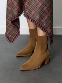 Nöista Women's New Small Square-Toe Western Boots Retro Thick-Heeled Ankle Boots Medium Heel 5cm Pointed Cowboy Boots Fall Boots - Brown - View 4