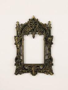 1PC Standard Size Vintage Gothic Carved Skull Church Arch Wall Decor Frame With Distressed Dark Ornate Finish Detailed Sculptural Relief Design Hanging Mirror Frame Ornament For Halloween Spooky Atmosphere Living Room Bedroom Office Entryway - 1PC - View 10