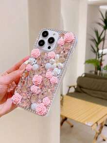 Flower Element Fashion Phone Cases Shockproof Sparkling Rhinestone Sequins Pearl Rose Flower Protective Case Compatible With 17 Pro Max, 15 - Pink - View 3