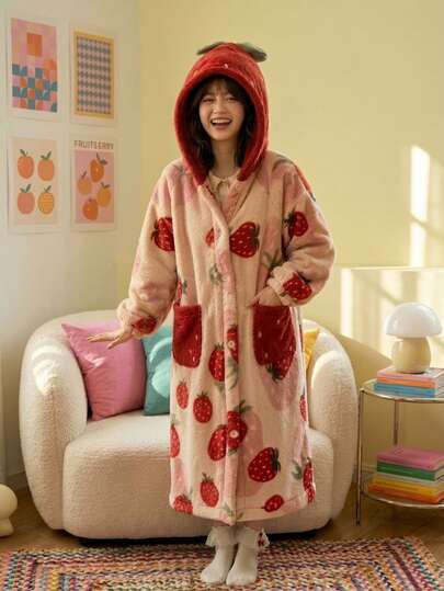 Joivida Roupão de banho feminino macio em peluche com estampado de morango, estilo kawaii, com capuz, em fleece, camisola de casa comprida tipo pijama com bolsos