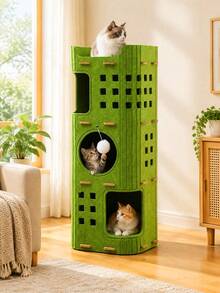 Hollowed-Out Felt Cat House, Multi-Level Ventilated Kitten Apartment Tree, All-Season Indoor‑Outdoor Cat Bed, With Built‑In Scratching Posts, Resting Areas, And Hiding Caves, Enclosed Cat Tower Villa, Durable Cat Furniture And Toy - Multicolor - View 8