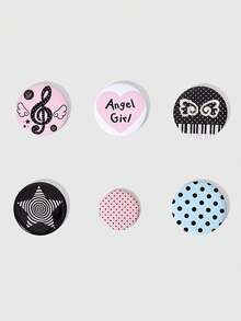 ROMWE Anime Six-Piece Y2k Retro Black And Pink Polka Dot Star Wing Pattern Badge Metal Brooch Combination, Backpack Clothing Hat Decoration, Suitable For Daily Ma - Black and pink - View 2