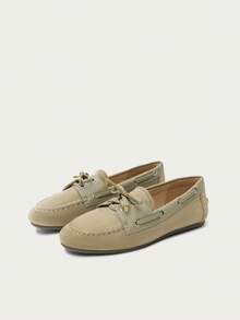 Nöista Lace-Up Retro Loafers Women's Shoes, Slip-On Splicing Solid Color Comfortable Soft-Soled Loafers, Suitable For Leisure, Vacation And Commuting - Khaki - View 2