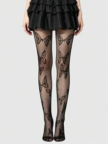 ROMWE 1 Pair Gothic Sweet Butterfly Pattern Fishnet Tights/Stockings, Halloween - Black - View 4