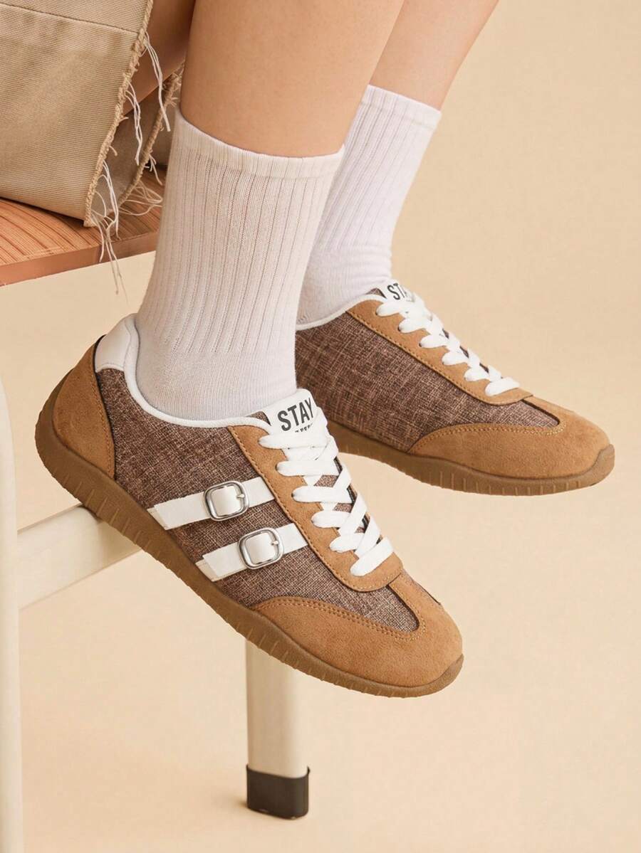 CUCCOO EASI Patchwork Toe Cap Vintage Beige & Brown Contrast Color Rubber Heel Lightweight Lace-Up Casual Sports Shoes - Brown - - View 1