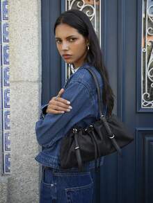 Nöista Black Shoulder Nylon Bag With Ruched Detailing, Long Leather Effet Straps And Adjustable Drawstring Closure. - Black - View 1