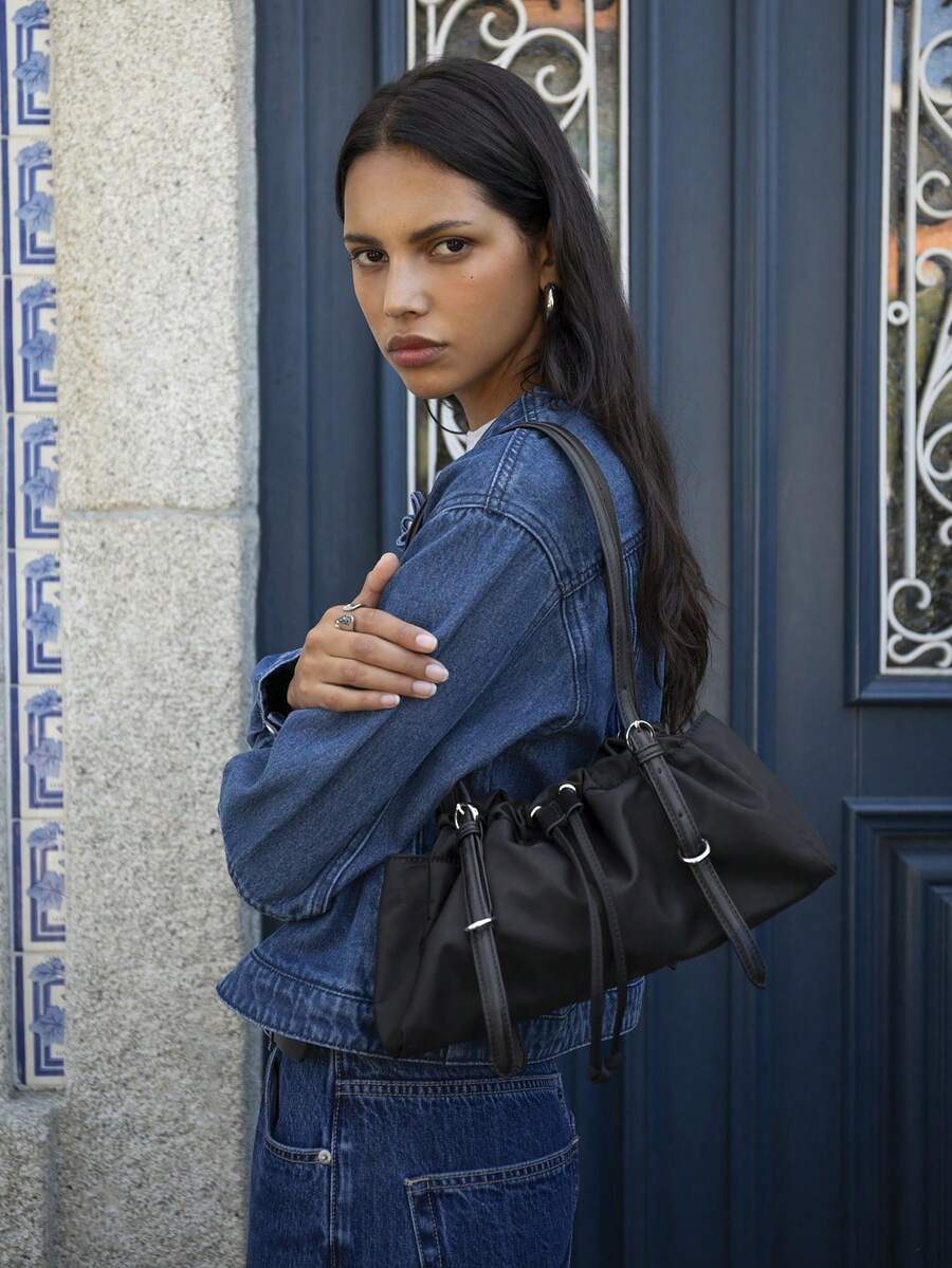 Nöista Black Shoulder Nylon Bag With Ruched Detailing, Long Leather Effet Straps And Adjustable Drawstring Closure. - Black - View 1
