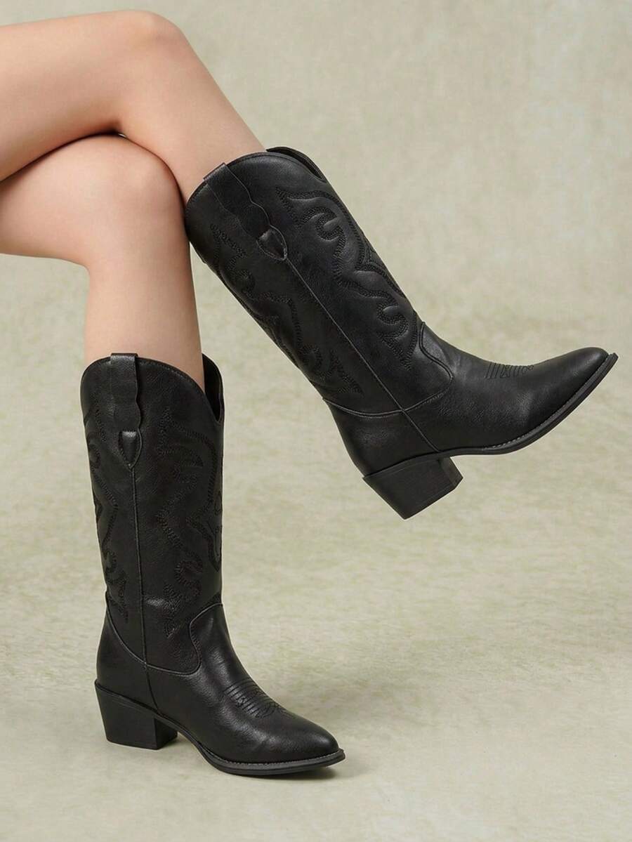 Styleloop Women's Gothic Punk Style Black Embroidered V-Cut Butterfly Western Mid-Calf Chunky Heel Boots, Halloween, Music Festival Fall Shoes - Black - black line - View 1
