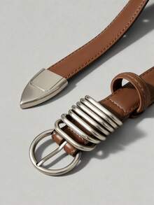 Ontre Women Fashionable Brown Metal Buckle Belts - Coffee - View 4