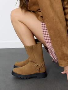 Nöista Mid-Calf Microfiber Boot With Biker-Inspired Harness Detail, Chunky Lug Sole And Pull Tab For An Effortless Look. - Brown - View 2