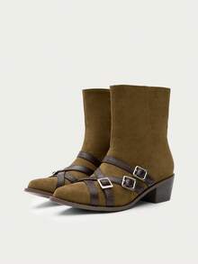 Nöista Ankle Boot In Soft Faux Suede With Multi-Buckle Straps In Contrast, Square Toe And Low Block Heel For A Western Touch. - Black - View 1