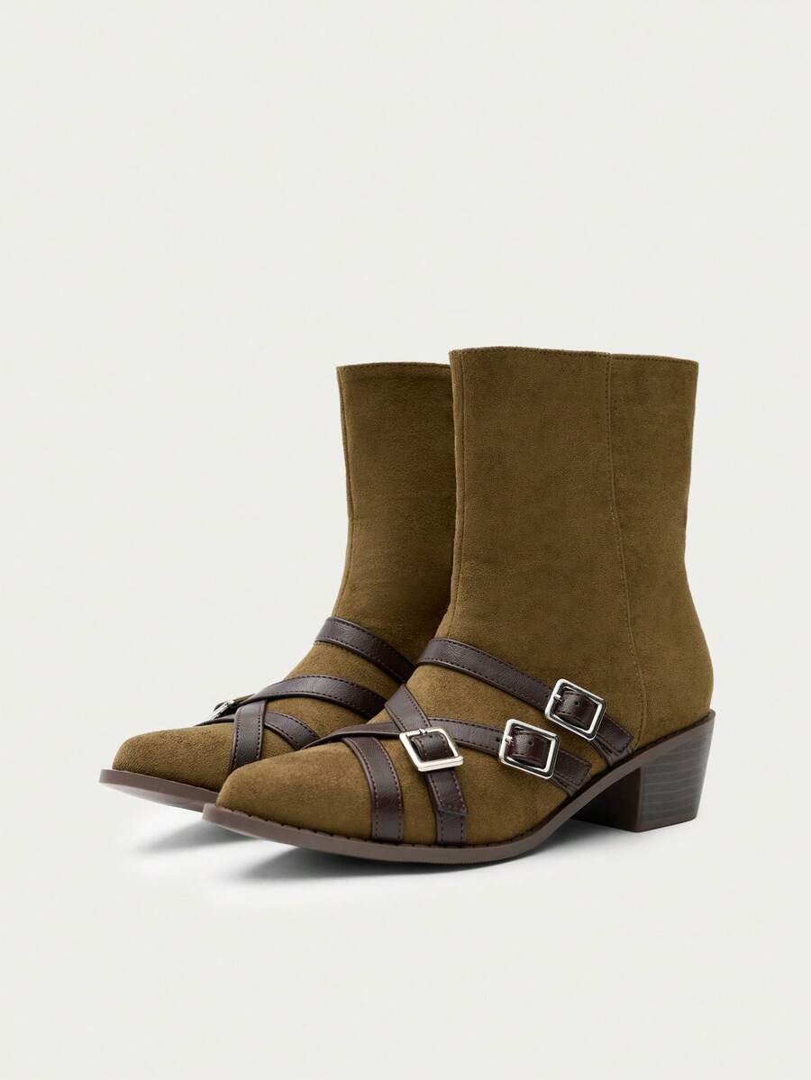 Nöista Ankle Boot In Soft Faux Suede With Multi-Buckle Straps In Contrast, Square Toe And Low Block Heel For A Western Touch. - Black - View 1
