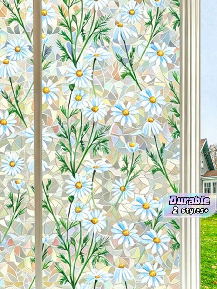 1 Pc Glass Window Privacy Film, Rainbow Static‑Cling Film, 3D Colorful Daisy No‑Adhesive Glass Film, For Home Heat Control, Non‑Sticky And Reusable - Multicolor - View 1