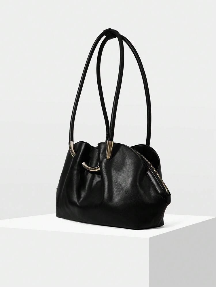 MOTF Tas Bahu Wanita Hitam Fashion, Gesper Hardware Eksklusif, Tas Tote Kipas Simpel, Tas Shell dengan Ritsleting, untuk Penggunaan Sehari-hari, Komuter, Belanja - Hitam - View 3