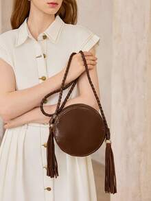MOTF WOMEN'S FASHIONABLE BROWN ROUND SHOULDER BAG WITH WOVEN SHOULDER STRAPS AND CONTRASTING TASSELS FOR DAILY USE, COMMUTING, SHOPPING, TRAVEL, VACATION - Brown - View 6