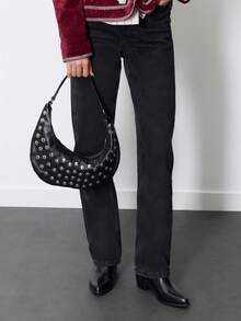 Nöista Black Hobo Shoulder Bag With Silver Stud Detailing, A Curved Silhouette And Adjustable Strap With Zip Closure. - Black - View 4