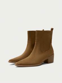 Nöista Women's New Small Square-Toe Western Boots Retro Thick-Heeled Ankle Boots Medium Heel 5cm Pointed Cowboy Boots Fall Boots - Brown - View 1