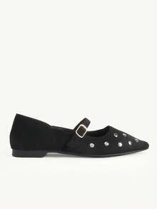 CUCCOO CHICEST New, Imitation Suede Velvet Surface, Rivet Small Square Toe Design, With Buckle, Women's Flat Shoes, Fashionable And Versatile - Black velvet rivets - View 3