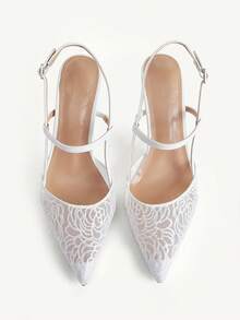 CUCCOO CHICEST Women's Fashion And Sexy Pointed Toe Round Vamp Back Empty Toe Rose Pattern Lace Fabric. High Heel Fine Heel Paint And Apricot Cross Mules - White - View 2