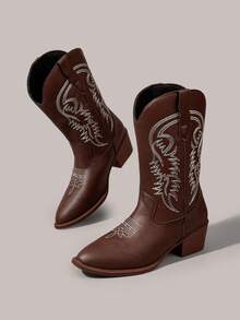 Styleloop Women's Gothic Punk White Embroidery V-Cut Butterfly Western Mid-Calf Thick Heel Boots, Halloween - Red + white line - View 6