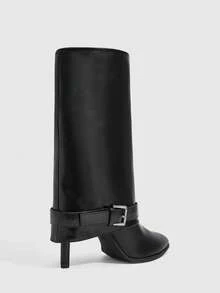 CUCCOO SZL Women's Autumn And Winter Pointed Heel Sleeve Simple Versatile Pile Boots Skinny Medium Boots - Black - View 3