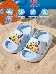 SpongeBob SquarePants | SHEIN 可愛卡通兒童拖鞋，適合幼兒與兒童，EVA材質，適用於居家浴室、游泳池、海灘等 - 淺藍色 - 查看 1