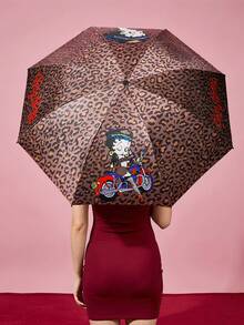 Betty Boop X Joivida Ins Style Leopard Print Automatic Umbrella, Dual-Use For Rain And Sun, UV Protection Sun Umbrella For Students - A - View 1