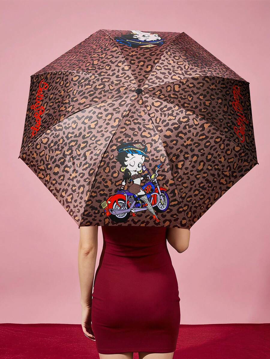 Betty Boop X Joivida Ins Style Leopard Print Automatic Umbrella, Dual-Use For Rain And Sun, UV Protection Sun Umbrella For Students - A - View 1