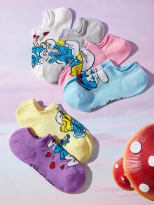 SHEIN X The Smurfs 6雙卡通圖案透氣柔軟船襪，加強腳趾與腳跟，適合四季穿著，女款/女孩，印花襪 - 雜色 - 查看 3