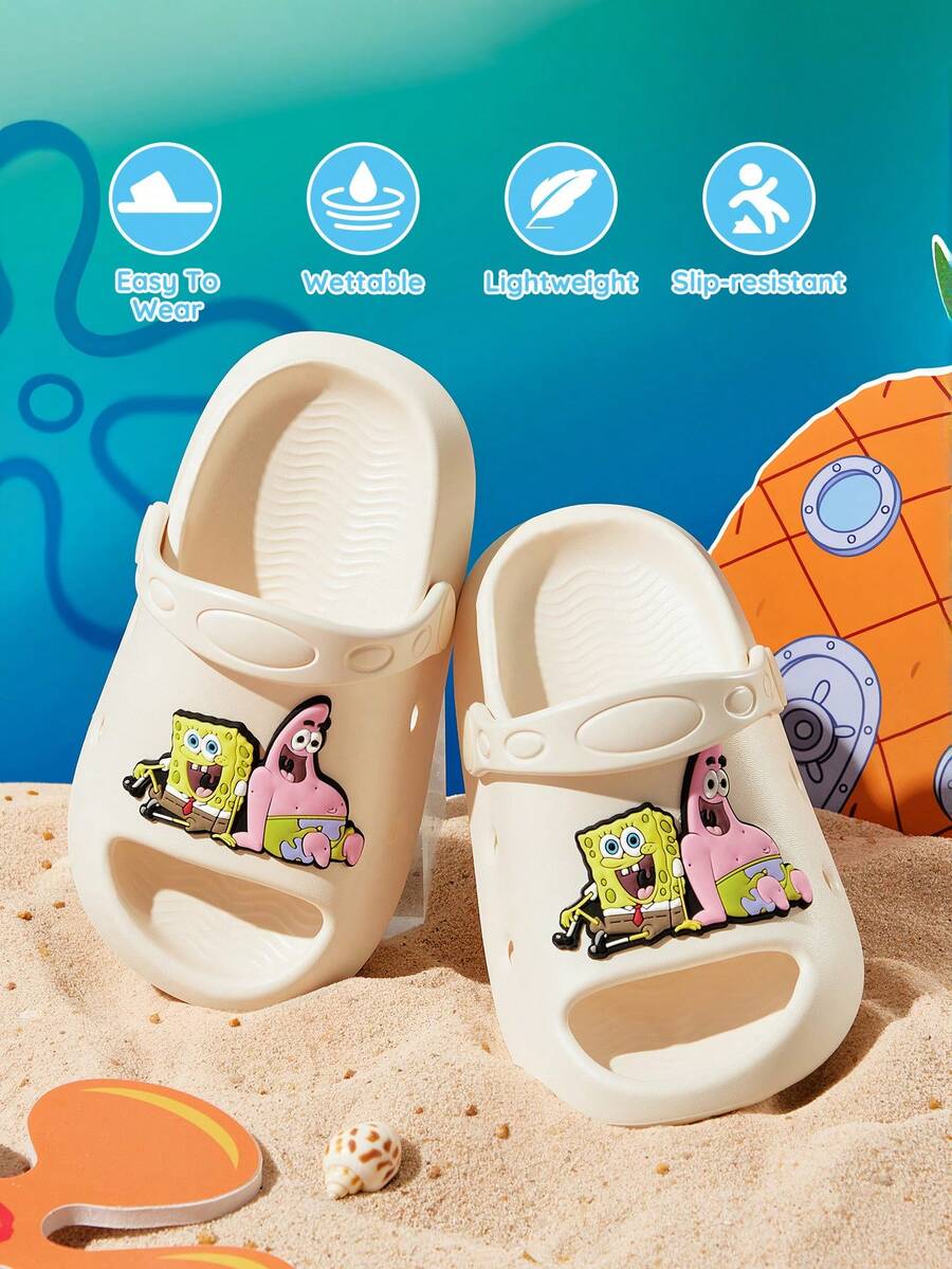 SpongeBob SquarePants | SHEIN 可愛卡通兒童拖鞋,適合幼兒與兒童,EVA材質,適用於居家浴室、游泳池、海灘等 - 米色 - 查看 1