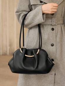 MOTF WOMEN'S FASHION BLACK SHOULDER BAG, EXQUISITE HARDWARE BUCKLE, SIMPLE FAN TOTE BAG, ZIPPER SHELL BAG, FOR DAILY USE, COMMUTING, SHOPPING - Black - View 6