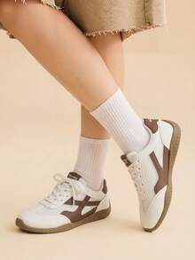 CUCCOO EASI Women's Distressed White & Brown Colorblock Flat Soft Sole Training Shoes, Commute & School Casual Sneakers - Brown + - View 3