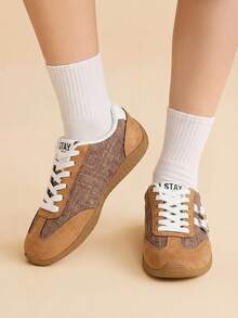 CUCCOO EASI Patchwork Toe Cap Vintage Beige & Brown Contrast Color Rubber Heel Lightweight Lace-Up Casual Sports Shoes - Brown - - View 5