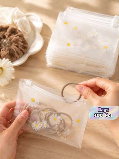 100 Pcs Creative Daisy Clear Frosted Zipper Storage Bags, Portable Pouches For Jewelry & Small Accessories, Waterproof Frosted Travel Storage Bags, For Earrings, Rings, Cosmetics, Home & Travel Use, New Year & Back To School Gifts