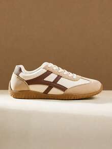 CUCCOO EASI Light Brown Suede Closed Toe Vintage Cream & Dark Brown Colorblock Casual Flat Commuter Shoes - Beige - - View 2