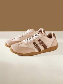 CUCCOO EASI Sepatu Sneakers Kasual Wanita Warna Beige dengan Ujung Bulat, Tali Gesper, dan Tali Pengikat, Sepatu Kasual Harian untuk Musim Gugur - Khaki + - View 4