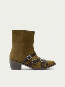 Nöista Ankle Boot In Soft Faux Suede With Multi-Buckle Straps In Contrast, Square Toe And Low Block Heel For A Western Touch. - Black - View 5