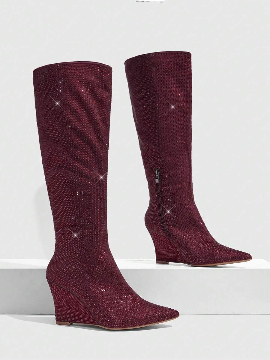 CUCCOO SZL Women's Burgundy Pointed Toe Wedge Heel Suede Rhinestone Ruched Knee-High Boots For Party And Nightclub - Burgundy - View 1