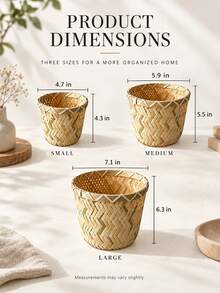 Haus Hana 1pc Wholesale Hand-Woven Bamboo Storage Basket, Round Waste Bin & Sundries Organizer For Coffee Table, Living Room, Bedroom & Study - Multicolor - View 7