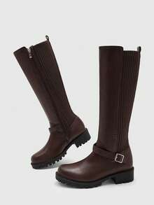 CUCCOO BIZCHIC Simple British Style Women's Autumn And Winter Daily Commute Vertical Pattern Elastic Knitting Splicing Silver Square Buckle Solid Color Round Toe Hi - Coffee Brown - View 5