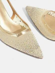 CUCCOO TILAWA Women's Pointed Square Vamp. Breathable Flat Mesh Fabric, Hot Rhinestones. Wine Glass Paint Medium And High Heels. Back Empty Shoes. Four Seas - Gold - View 6