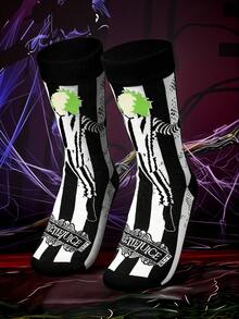 Beetlejuice X SHEIN 動漫角色大魔導師長筒襪 1雙 - 白黑 - 查看 7