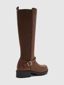 CUCCOO BIZCHIC Simple British Style Women's Autumn And Winter Daily Commute Vertical Pattern Elastic Knitting Splicing Silver Square Buckle Solid Color Round Toe Hi - Brown - View 4