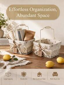 Haus Hana 1PC Rustic Wire Storage Basket, Metal Iron Frame With Floral Linen Liner & Lace Bow, Removable Lining, Multi-Use Organizer, Hold Sundries Snacks Cosmetics, For Kitchen Bathroom Picnic, Great Present For Housewarming - Multicolor - View 10