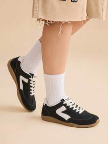 CUCCOO EASI Women's Distressed Black Glossy Colorblock Flat Soft Sole German Training Shoes, Commuting Back To School Casual Sneakers - Black/ - View 3